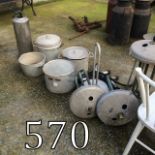 Collection of aluminium pots and milk co