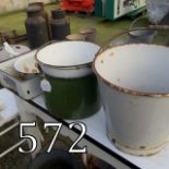 Collection of enamel pots bucket straine