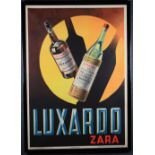 Manifesto pubblicitario ''LUXARDO-ZARA'' in carta applicata su tela. Firmato A.POMI in alto a