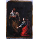 MAESTRO LIGURE DEL XVII SECOLO. Dipinto olio su ardesia raff. ''SAN GIUSEPPE, GESU' BAMBINO E