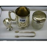 HM SILVER EGG CUP, PAIR OF SUGAR TONGS A