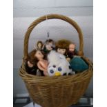 HEN BASKET OF MINATURE DRESS DOLLS CELLU