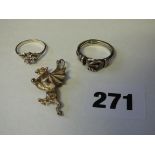HM SILVER DRAGON PENDANT, HM SILVER FLOWER RING AND A .925 TRIPLE CLASPED HAND RING