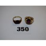 GENTLEMANS 9CT GOLD RED STONE SET RINGS SIZE N AND P 6.