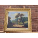 LATE 19TH CENTURY ENGLISH SCHOOL OIL ON CANVAS FIGURES BEFORE A COTTAGE IN A LANDSCAPE UNSIGNED