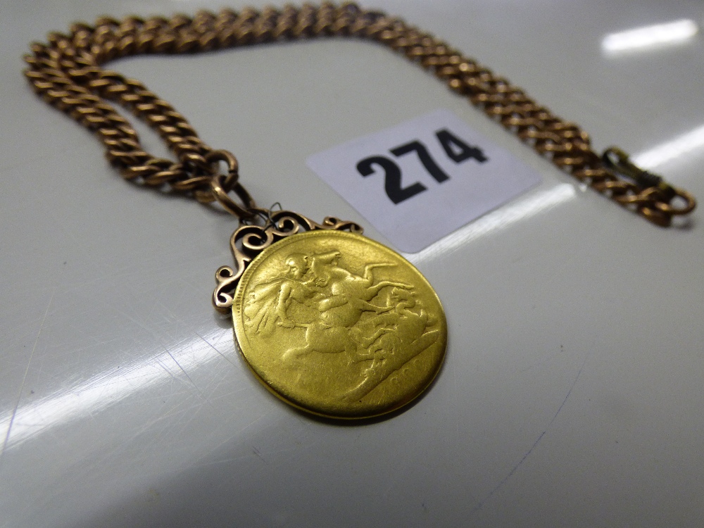 1900 QUEEN VICTORIA FULL SOVEREIGN MOUNTED ON A 9CT ROSE GOLD ALBERT CHAIN 30. - Image 2 of 3