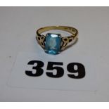 LADIES 9CT GOLD AND SILVER SET AQUA MARINE SOLITAIRE RING SIZE P 2.