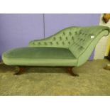 20TH CENTURY REPRODUCTION REGENCY STYLE DAY-BED UPHOLSTERED IN GREEN DRALON 76CM X 164CM X 62CM