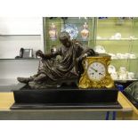 19TH CENTURY FRENCH GILT METAL AND MARBLE MANTEL CLOCK WITH PATINATED SPELTER FIGURE OF A RECLINING