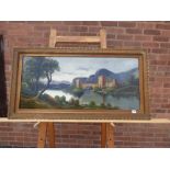 20TH CENTURY BECKER OIL ON CANVAS CASTLE IN LANDSCAPE SIGNED AND FRAMED 45CM X 100CM