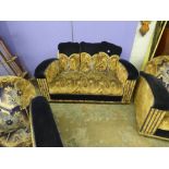 ART DECO TUB THREE PIECE SUITE, COVERED IN NAVY BLUE AND GOLD FLORAL CHENILE,