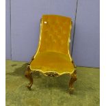 19TH CENTURY WALNUT NURSING CHAIR ON CABRIOLE LEGS COVERED IN GOLD DRALON 93CM X 55CM X 60CM