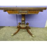 WILLIAM IV ROSEWOOD CARD TABLE WITH CARVED ACANTHUS CENTRAL COLUMN WITH CAST BRASS CASTORS 72CM X