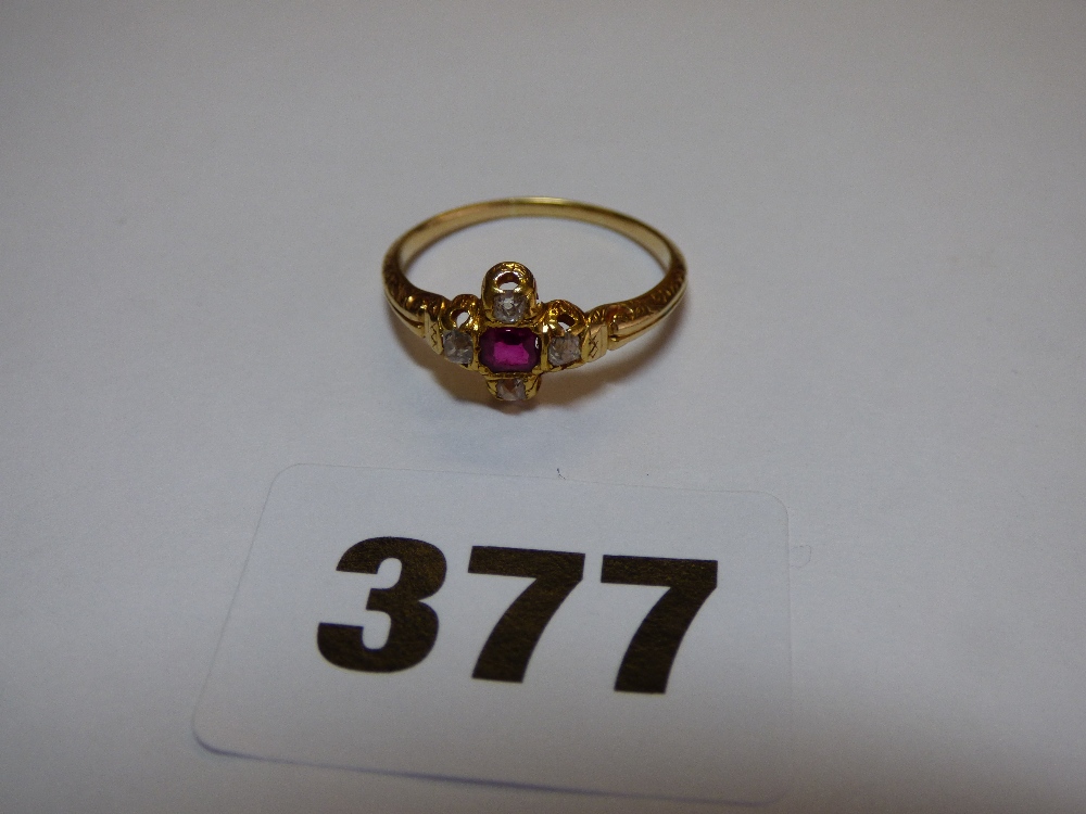 UNMARKED YELLOW METAL DIAMOND AND RUBY CROSS SET RING SIZE R 2.