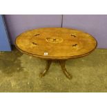 19TH CENTURY WALNUT INLAID OVAL PARLOUR TABLE (REDUCED IN HEIGHT) 44CM X 86CM X 55CM