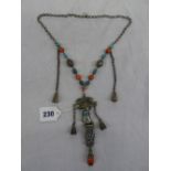 UNMARKED WHITE METAL CHATELAINE WITH ENAMEL DESIGNS AND INSET SEMI PRECIOUS STONES