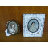 TWO PORTRAIT MINIATURES, ONE PENWORK FRAMED 19TH CENTURY LADY, MONOGRAMMED F.