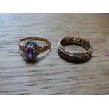 9CT GOLD AMETHYST CZ CLUSTER RING SIZE O AND 18CT ETERNITY BAND SIZE L 6.