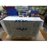 LINEN AND LACE WHITE CLOTH WITH BLUE EMBROIDERY DRAGON DESIGN