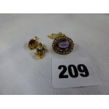 UNMARKED YELLOW METAL AMETHYST AND SEED PEARL BROOCH AND 2 GEM SET PENDANTS