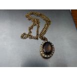 9CT GOLD MOUNTED SMOKEY QUARTZ AND SEED PEARL CLUSTER IN BELCHER LINK CHAIN 13.