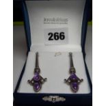 PAIR OF CONTINENTAL SILVER AND AMETHYST DROPPER EARRINGS IN GOTHIC STYLE