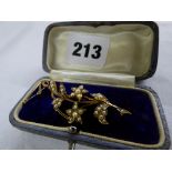 15CT YELLOW GOLD VICTORIAN FLORAL SPRAY SEED PEARL BAR BACK BROOCH WITH SAFETY CHAIN