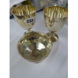 PAIR OF BIRMINGHAM SILVER GOBLETS AND SQUAT SILVER CUP WITH INSCRIPTION