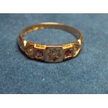 LADIES 18CT YELLOW GOLD RUBY AND DIAMOND CHIP VICTORIAN RING, SIZE O, 2.