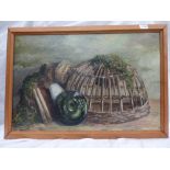 MANSEL ADAMS 20TH CENTURY OIL ON BOARD STILL LIFE OF A LOBSTER POT AND GLASS BOUY SIGNED AND FRAMED