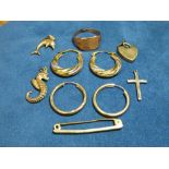 9CT GOLD HOLLOW EARRING,PAIR OF CREOL;EEARINGS,PADLOCK CLASP,A CROSS ,SEAHORSE AND DOLPHIN CHARMS ,