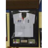 CRICKET MEMORABILIA ENGLAND TEST CAPTAIN ANDREW STRAUSS JERSEY PRESSED IN FRAME AND CERTIFICATE OF