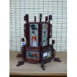 CARVED HARDWOOD OPEN FRET HEXAGONAL ORIENTAL LANTERN WITH PAINTED GLASS PANELS