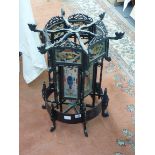 LARGE CARVED HARDWOOD OPEN FRET HEXAGONAL ORIENTAL LANTERN WITH PAINTED GLASS PANELS