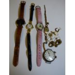 SILVER CASED WALTHAM WRIST WATCH, LADIES 9CT GOLD CASED WRIST WATCH ON A ROLLED GOLD STRAP,