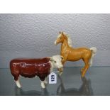 BESWICK GLOSS BULL CHAMPION OF CHAMPIONS AND PRANCING PALOMINO HORSE GLOSS FIGURE