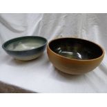 TWO 20TH CENTURY THROWN STUDIO POTTERY BOWLS DIAMETER 25CM APPROX AND 26CM APPROX ONE WELSH