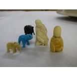 JAPANESE FUKUROKUJU IVORY NETSUKE, BONE CARVED ELEPHANT AND TWO OTHERS