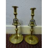 PAIR OF 19TH CENTURY KNOPPED TAVERN CANDELSTICKS WITH BELLS 32CM HIGH