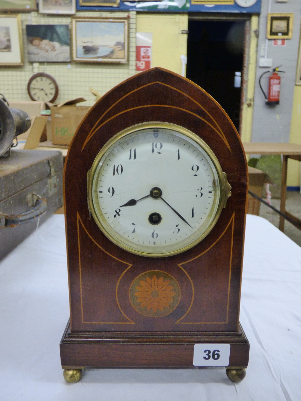 LATE 19TH CENTURY MAHOGANY INLAID LANCET MANTEL CLOCK WITH ENAMEL DIAL ,FRENCH MOVEMENT BY J.