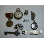 SILVER ENGRAVED CASED FOB WATCH,SILVER BLADED MOP PEN KNIFE,SILVER DISC LOCKET ON CHAIN,