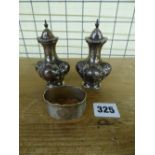 PAIR OF SHEFFIELD SILVER WALKER AND HALL BALUSTER CONDIMENTS AND AN ENGINE TURNED HM BIRMINGHAM