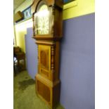 19TH CENTURY MAHOGANY LONG CASE CLOCK HAVING A BROKEN SWAN NECK PEDIMENT CENTERED WITH A CARVED