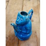 BLUE GLAZED SEATED MONKEY TEAPOT POSSIBLY CHINESE SPOUT A/F -NO LID