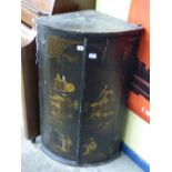 ANTIQUE BOW FRONTED BLACK CHINOISERIE LACQUERED HANGING CORNER CUPBOARD