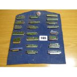 BOARD OF ENAMEL LOCOMOTIVE ENGINE BADGES SOUTHERN WEST COUNTRY LINE, EVENING STAR, CHELTENHAM,