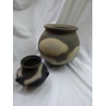 JOHN AND LIZZIE LEACH MUCHELNEY POTTERY STUDIO BULBOUS POT AND A SMALLER EXAMPLE 24CM HIGH APPROX