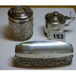 HM LONDON SILVER CONDIMENT WITH BLUE GLASS LINER,