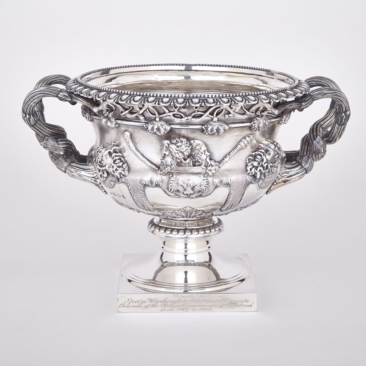 ENGLISH SILVER ‘WARWICK’ VASE, EDWARD BARNARD & SONS, LONDON, 1911 with entwined vine handles,