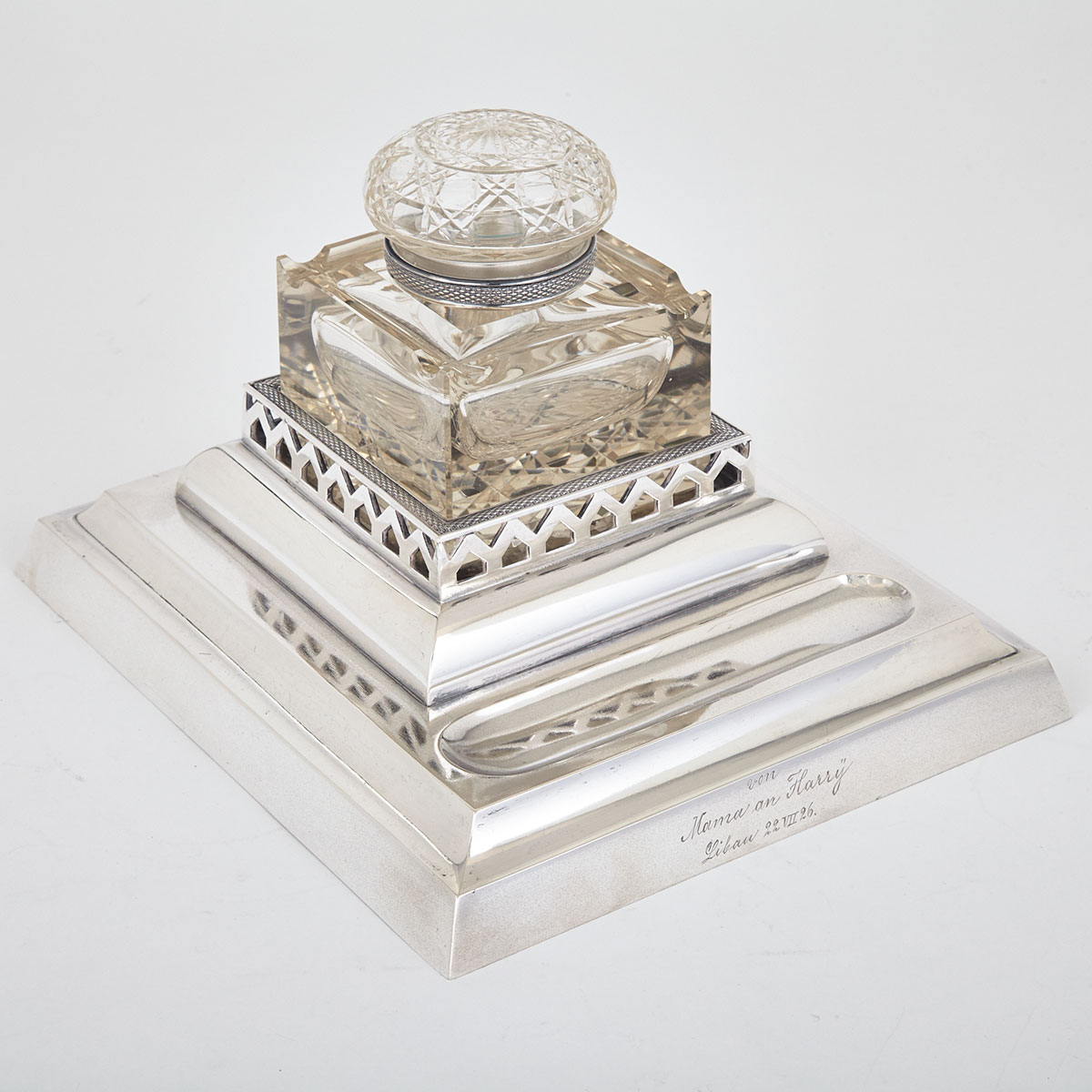 RUSSIAN SILVER AND CUT GLASS INKSTAND, GRACHEV, ST. PETERSBURG, 1895 of plain stepped rectangular